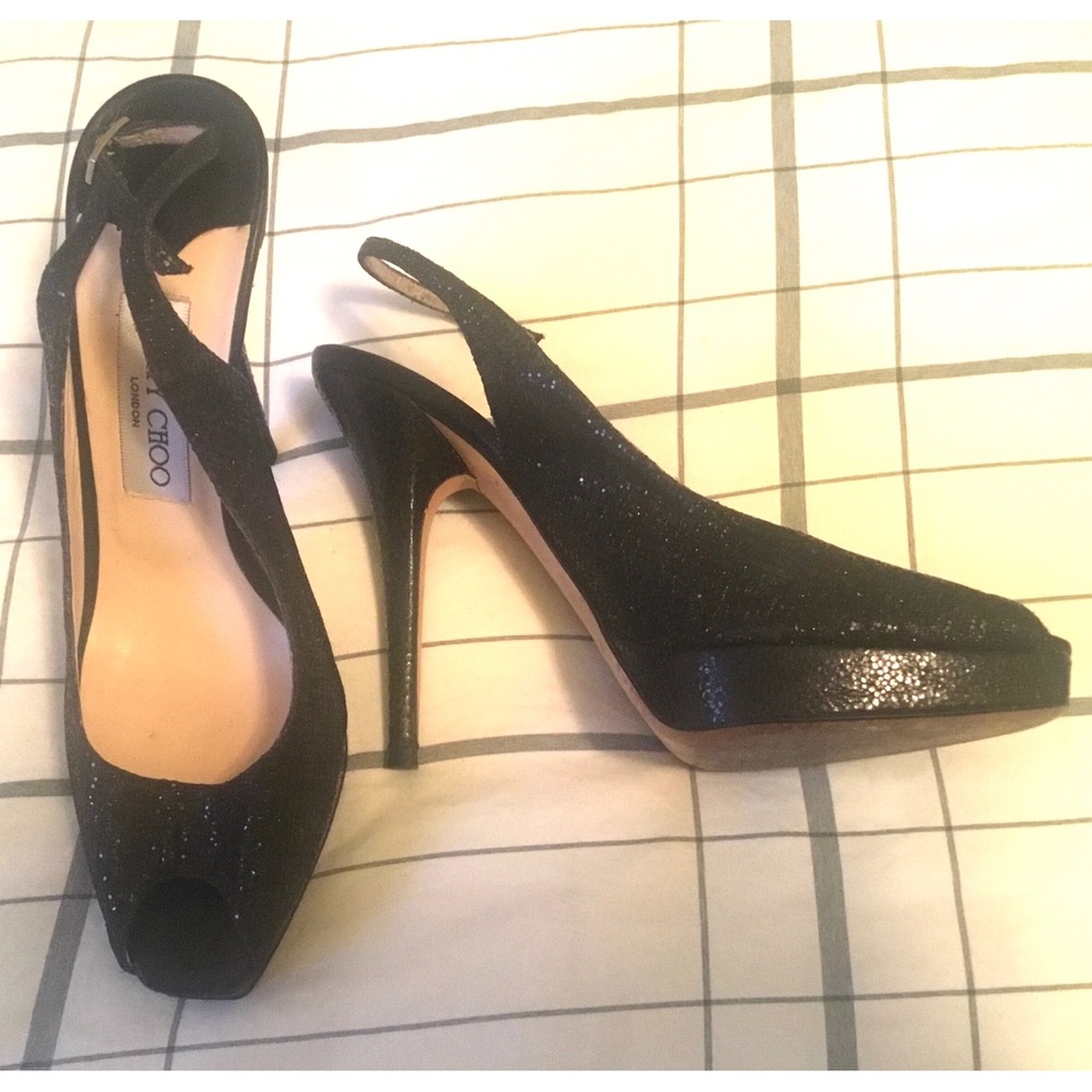 Authentic JIMMY CHOO “Nova” Black Glitter Slingback Peep-Toe Pumps SZ 38 - EUC